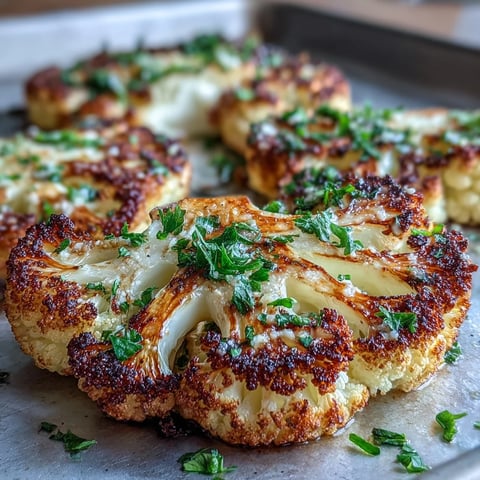 Golden brown Keto Garlic Parmesan Roasted Cauliflower Steaks with a savory cheese crust and fresh parsley garnish.