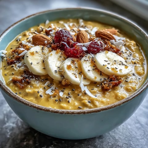 Golden yellow Vegan Golden Milk Overnight Oats with turmeric and ginger, topped with berries, banana, and toasted coconut flakes in a rustic bowl.