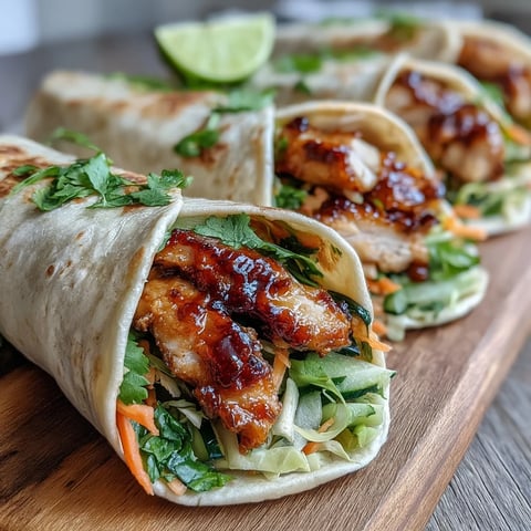 Sweet Chili Chicken Wraps filled with tender marinated chicken, crisp lettuce, carrots, and cucumbers, drizzled with extra sauce.