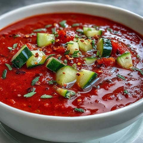 Vibrant chilled gazpacho with fresh cucumber, tomato, and bell pepper, perfect for a light summer meal.