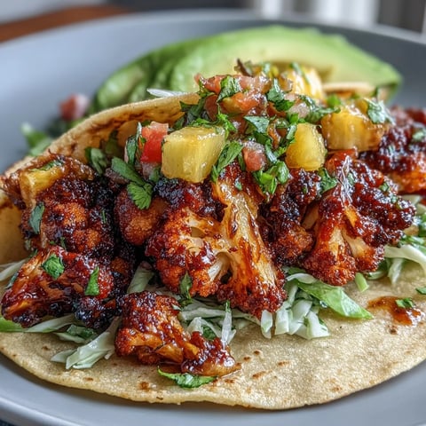 Vegan smoky BBQ cauliflower tacos topped with vibrant pineapple salsa and creamy avocado slices in warm tortillas.  