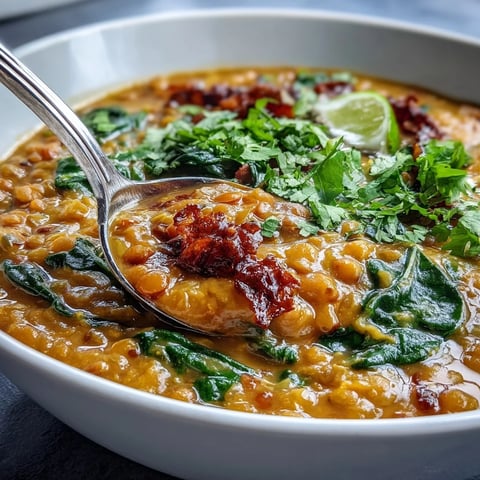 Creamy vegan coconut lentil dahl with spinach and lime, a fragrant and nourishing one-pot curry.