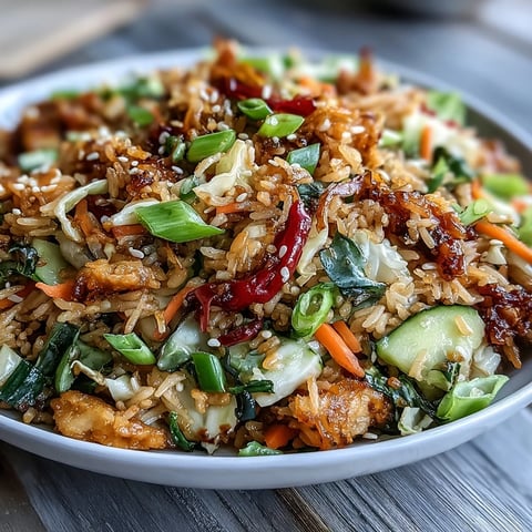 Crispy rice salad with peanut sesame dressing, golden and crunchy, topped with fresh vegetables and sesame seeds.  
