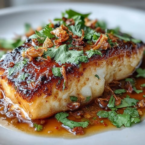 A vibrant plate of pan-seared white fish glazed with a zesty chilli-lime sauce, garnished with fresh cilantro and crispy shallots for a Thai-inspired dinner.  