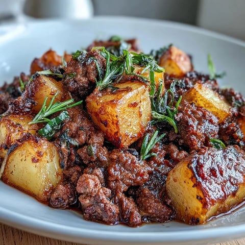 High-protein ground beef with potatoes in a savory skillet meal, seasoned and browned to perfection.  