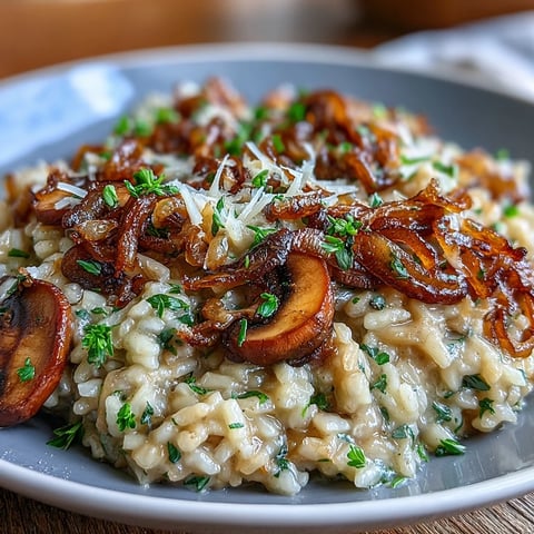 Creamy Caramelized Onion and Mushroom Risotto with golden onions, savory mushrooms, and Parmesan, served in a rustic bowl.  