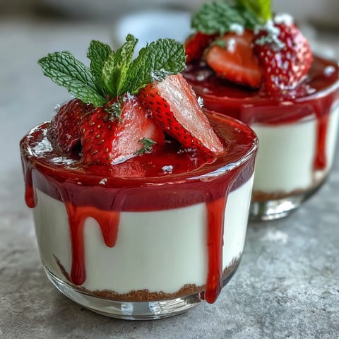 Silky vanilla panna cotta with vibrant strawberry sauce, garnished with fresh berries for a romantic dessert.
