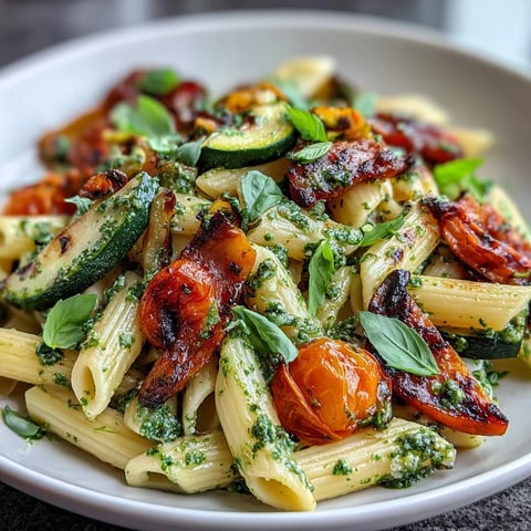 Colorful roasted vegetable and pesto pasta with juicy cherry tomatoes, perfect for a hearty vegetarian dinner.  