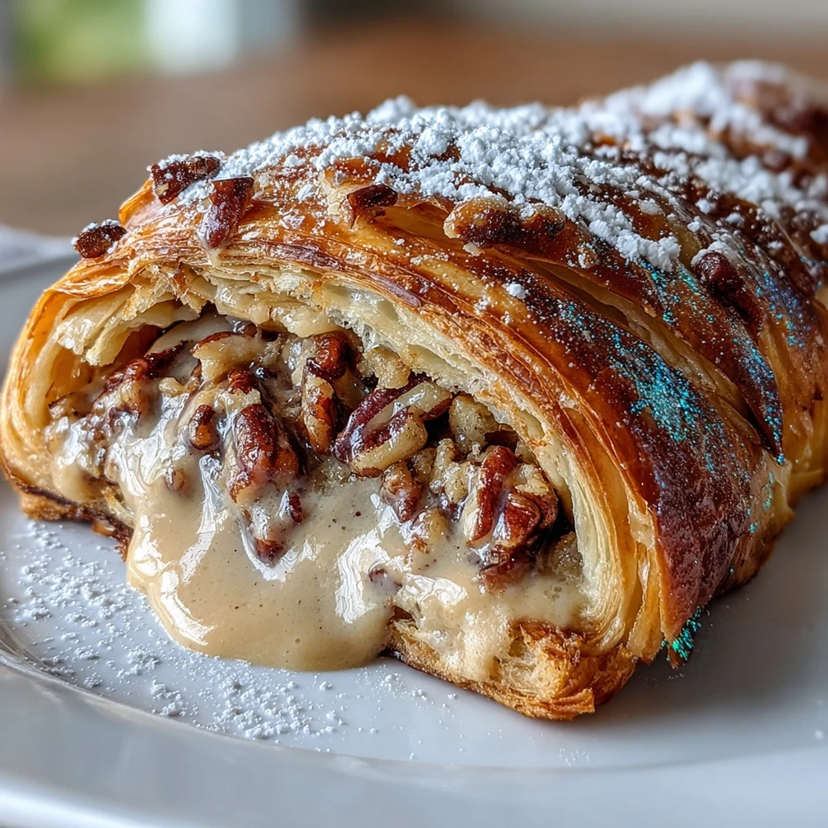 Golden, flaky croissants filled with spiced pecan cream, drizzled with vanilla icing and Mardi Gras sprinkles.  