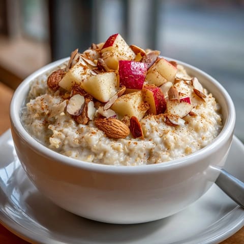 Creamy Warm Apple Cinnamon Oatmeal with Almonds—a hearty fall breakfast recipe.