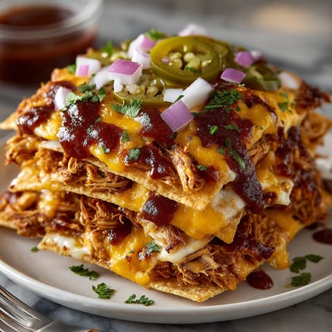 Easy sheet pan BBQ chicken nachos bake—a crowd-pleasing appetizer, cheesy and smoky.