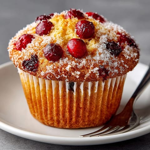Warm, moist Cranberry Orange Muffins, topped with sparkling sugar, ready for a brunch buffet.