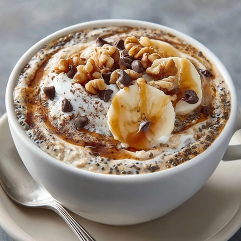 Banana Bread Overnight Oats: Cold, chunky breakfast with cinnamon spice and sweet maple drizzle.