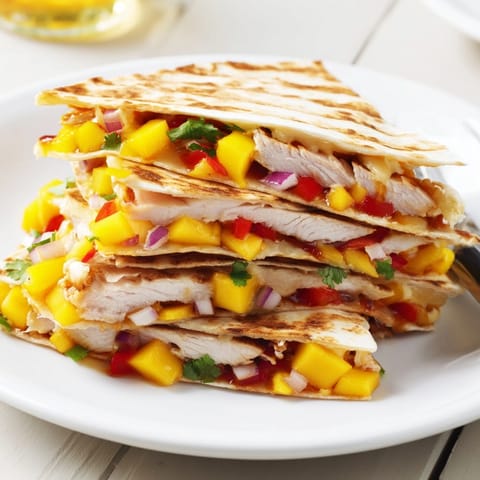 Delicious mango BBQ chicken tortilla stacks, baked golden-brown, ready to serve.