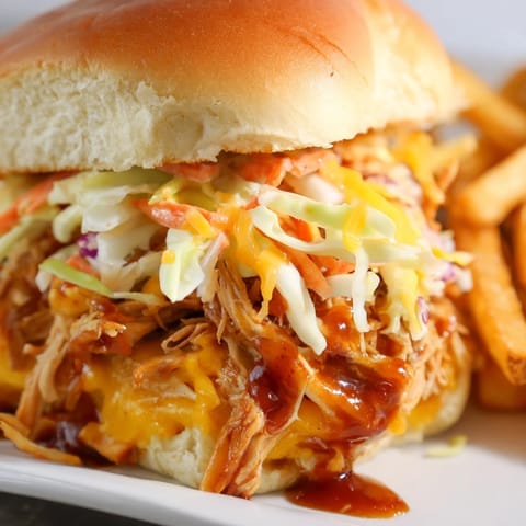Mouthwatering BBQ chicken sliders nestled in soft buns, paired with crispy fries.  