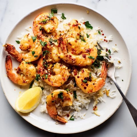 Fragrant, juicy garlic butter shrimp atop fluffy rice, ready to eat this easy American dinner.