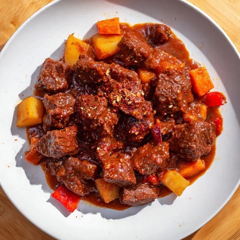 A steaming bowl of Smoked Paprika & Garlic Beef Stew, perfect comfort food, ready to serve warm.