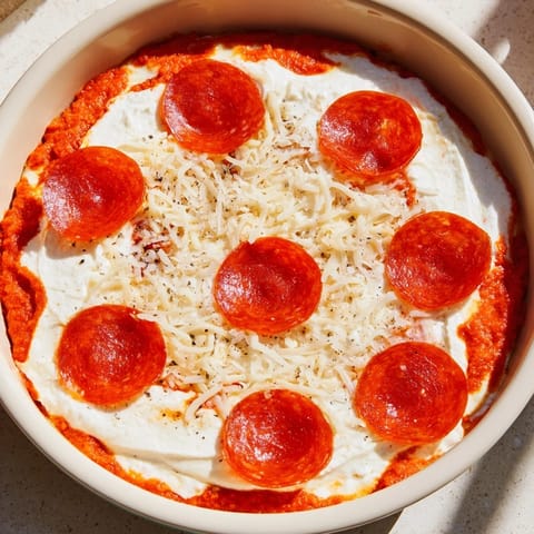 A close-up shot of a cheesy pizza dip, ready to be scooped up with crusty bread for a snack.
