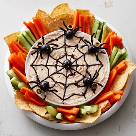 Close-up of a Creepy Crawly Spiderweb Platter; the creamy dip has a perfect web design with olive spiders.