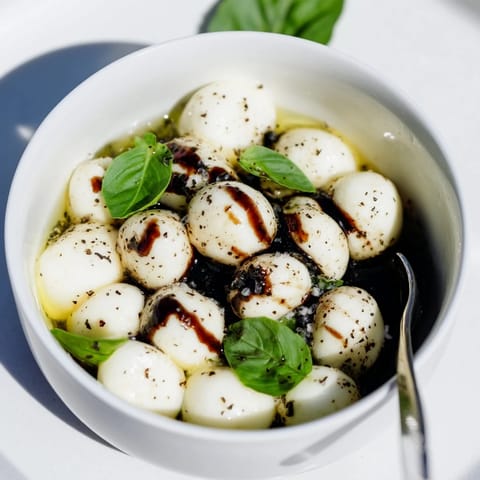 Bright white mozzarella pearls glistening in a small bowl, ready for a simple cheese appetizer.