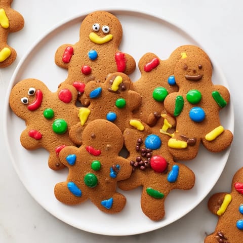 A close-up of the DIY Gingerbread People decorating kit, displaying frosted cookies alongside colorful candy options.