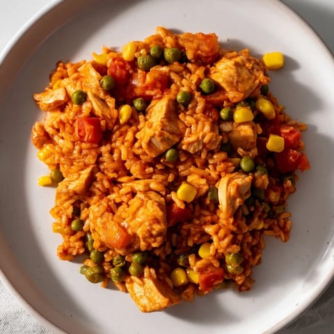 Steaming One-Pot Chicken and Rice, a budget-friendly meal with vibrant vegetables and savory spices.