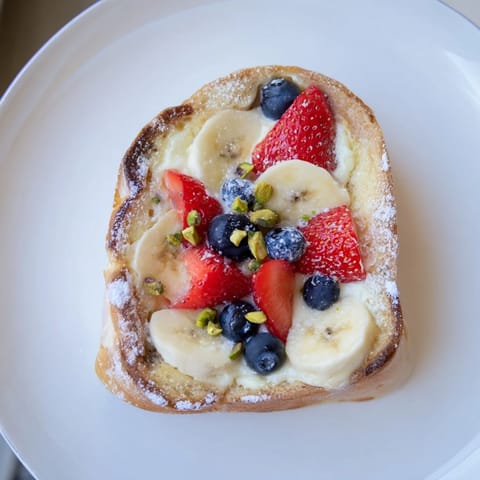 Creamy, baked Viral Yogurt Toast with a yogurt custard filling and colorful, beautifully arranged fruit.