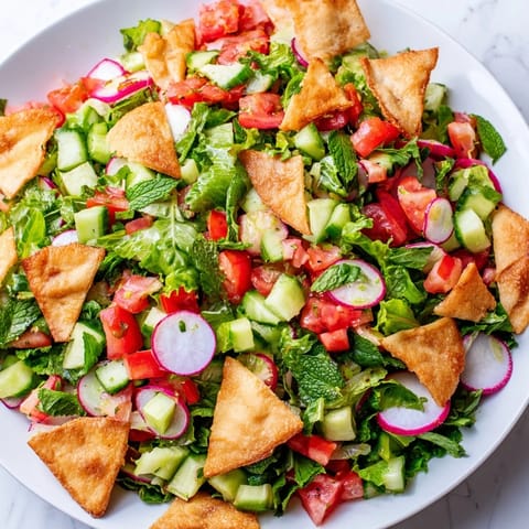 A bowl of delicious Lebanese Fattoush Salad, featuring chopped vegetables and sumac dressing.