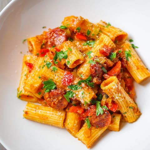 A warm bowl of Spanish chorizo pasta: flavorful tomato sauce over perfectly cooked pasta.