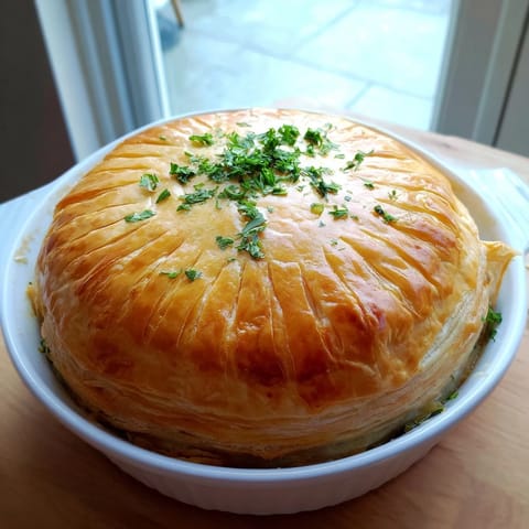 Savory Chicken and Leek Pie filled with tender meat, smoky bacon, and creamy sauce, served warm for dinner.