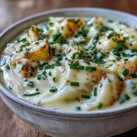 A ladleful of Cream of Potato Soup with velvety texture, poured from a pot into a white ceramic bowl.