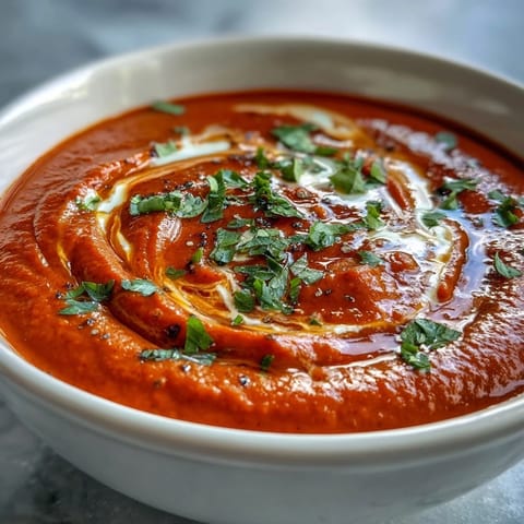 A silky bowl of Roasted Red Pepper Soup garnished with herbs, ready to enjoy with a warm spoonful.