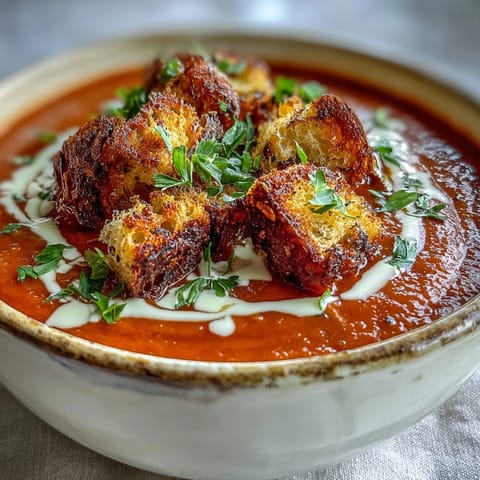 A bowl of velvety Roasted Red Pepper Soup topped with golden, crunchy croutons and fresh herbs.