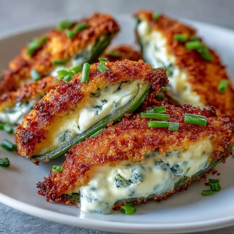 Air Fryer Jalapeño Poppers with golden breadcrumbs, melted cheese, and chives on a rustic platter.