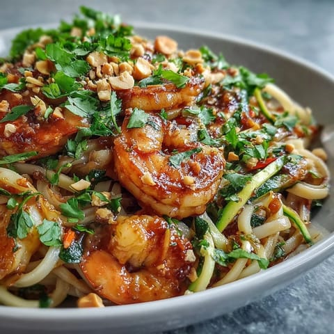 Colorful Asian Noodle Bowl served in a white bowl with tender shrimp, crisp veggies, peanuts, cilantro, and lime wedges for squeezing.