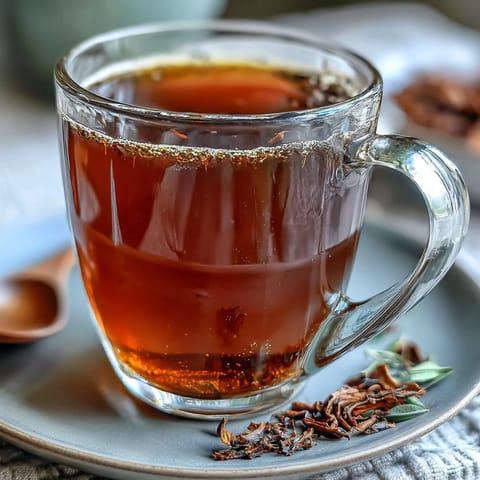 Hojicha Americano in a clear glass mug, showcasing the warm brown brew and delicate steam rising from its surface.