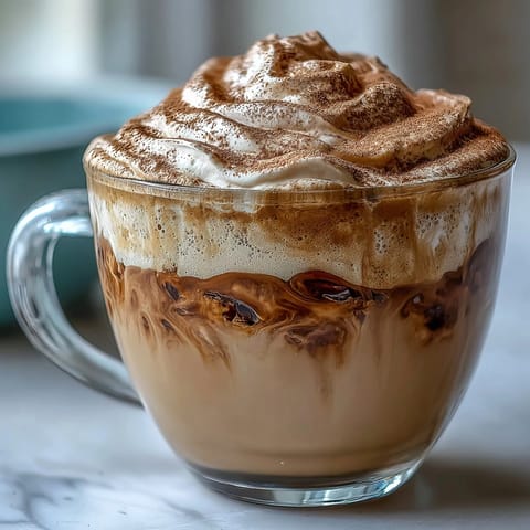 Hojicha Macchiato in a small white espresso cup, the roasted tea base topped with a fluffy dot of steamed milk foam.