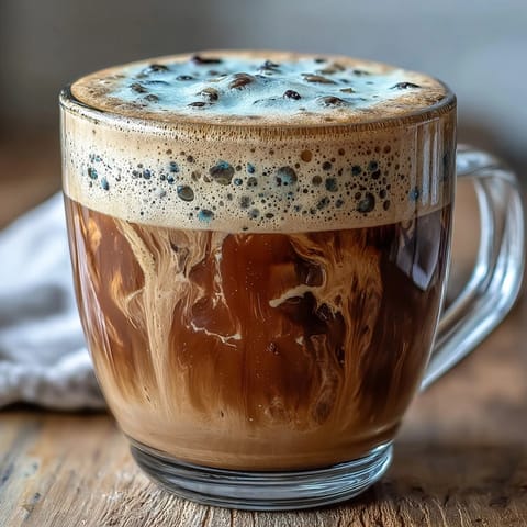 Steaming Hojicha Latte with Vanilla Extract in a clear glass mug, topped with light foam and a cinnamon stick.