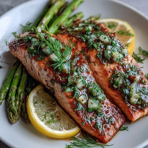 Golden baked Marry Me Salmon topped with minced garlic and lemon slices, served hot.