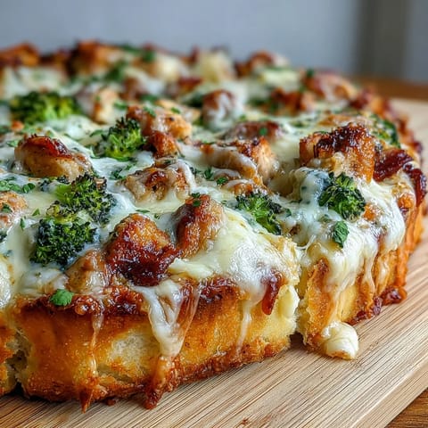 Slices of Garlic Parmesan Chicken & Broccoli Pizza served on a rustic wooden board.