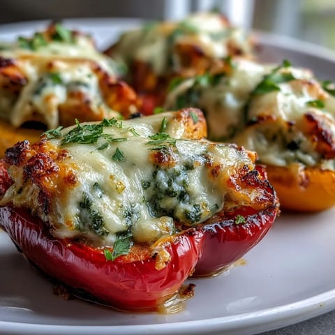 Tender roasted mini sweet peppers filled with savory pesto chicken, cream cheese, and mozzarella, served warm as a gluten-free appetizer.