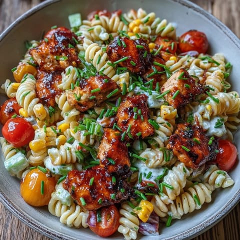 A close-up of Honey BBQ Chicken Pasta Salad with rotini, tender chicken, and a creamy, smoky dressing.