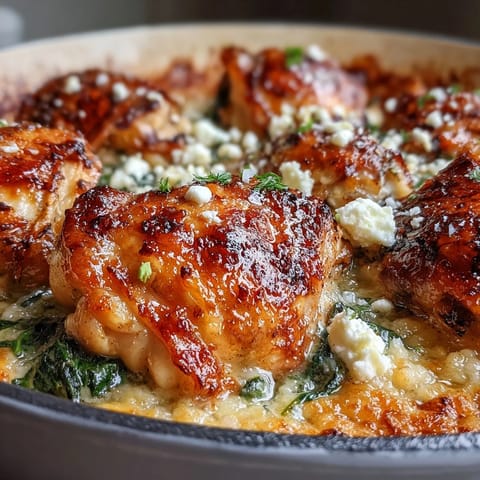 Golden-brown Creamy Greek Chicken & Pearl Couscous Bake bubbling with melted feta and Parmesan, served in a rustic skillet.