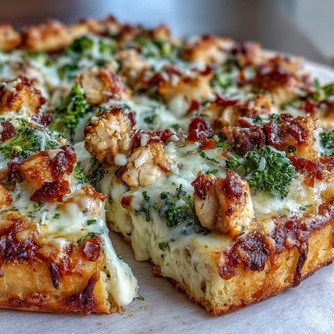 A close-up of Garlic Parmesan Chicken & broccoli pizza shows tender broccoli florets and juicy chicken over a cheesy garlic-Parmesan white sauce.