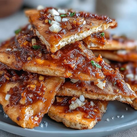 Freshly baked garlic naan chips coated in chili crisp oil, garnished with minced garlic and cilantro, are served with a cool, creamy cucumber dip topped with chives. This fusion snack brings together crunchy heat and tangy yogurt flavors for an irresistible bite.