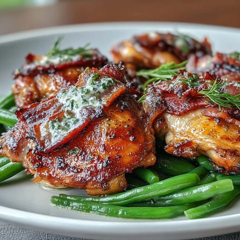 Crispy bacon and golden, juicy chicken thighs paired with tender green beans in a creamy ranch sauce.