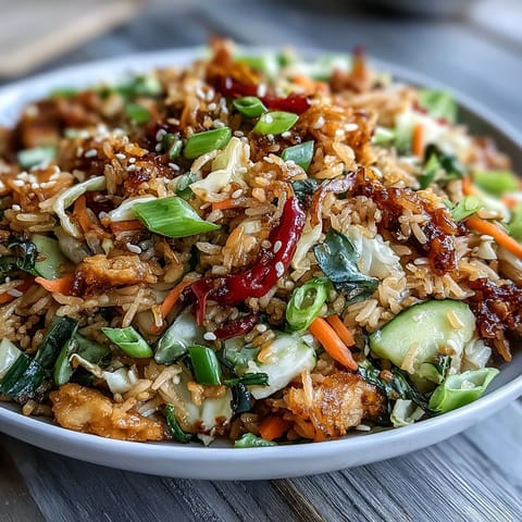 Crispy rice salad with peanut sesame dressing, golden and crunchy, topped with fresh vegetables and sesame seeds.  