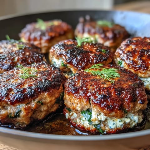 Juicy Greek turkey patties seasoned with fresh herbs, spinach, and feta cheese, served golden-brown and sizzling in a skillet. A healthy, Mediterranean-inspired main dish perfect for quick dinners.  