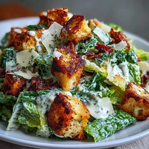 A crisp Caesar salad with romaine, creamy dressing, and golden sourdough croutons for satisfying crunch.