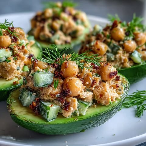 Fresh avocado halves filled with zesty, protein-packed chickpea tuna salad for a healthy vegan lunch.  